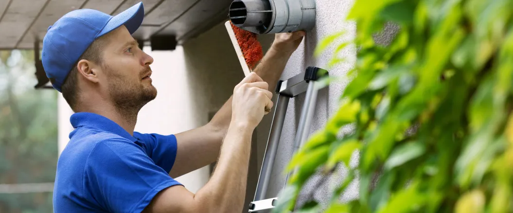Technician in a blue uniform cleaning or inspecting an outdoor air vent while standing on a ladder.