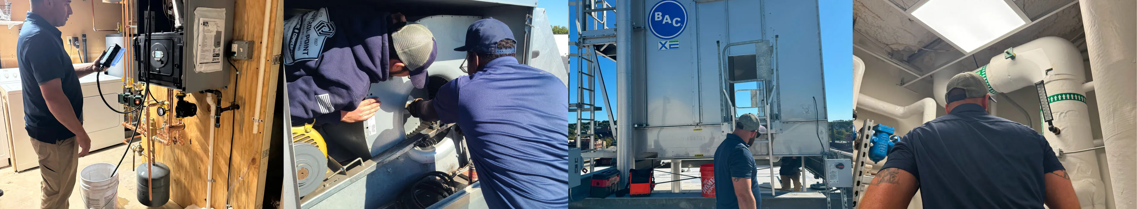 Collage of HVAC technicians performing various tasks, including system inspections, repairs, and maintenance on commercial and industrial equipment.